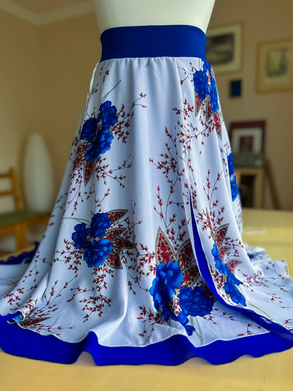 Elegant tango skirt with bold blue floral chiffon overlay