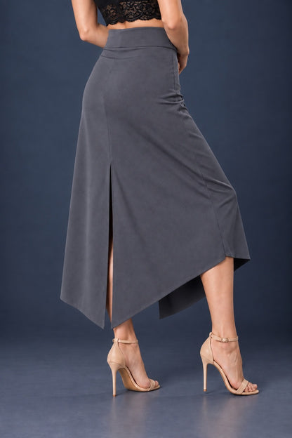 Back view of grey asymmetric jersey tango skirt with wide waistband, back slit and angled hem.