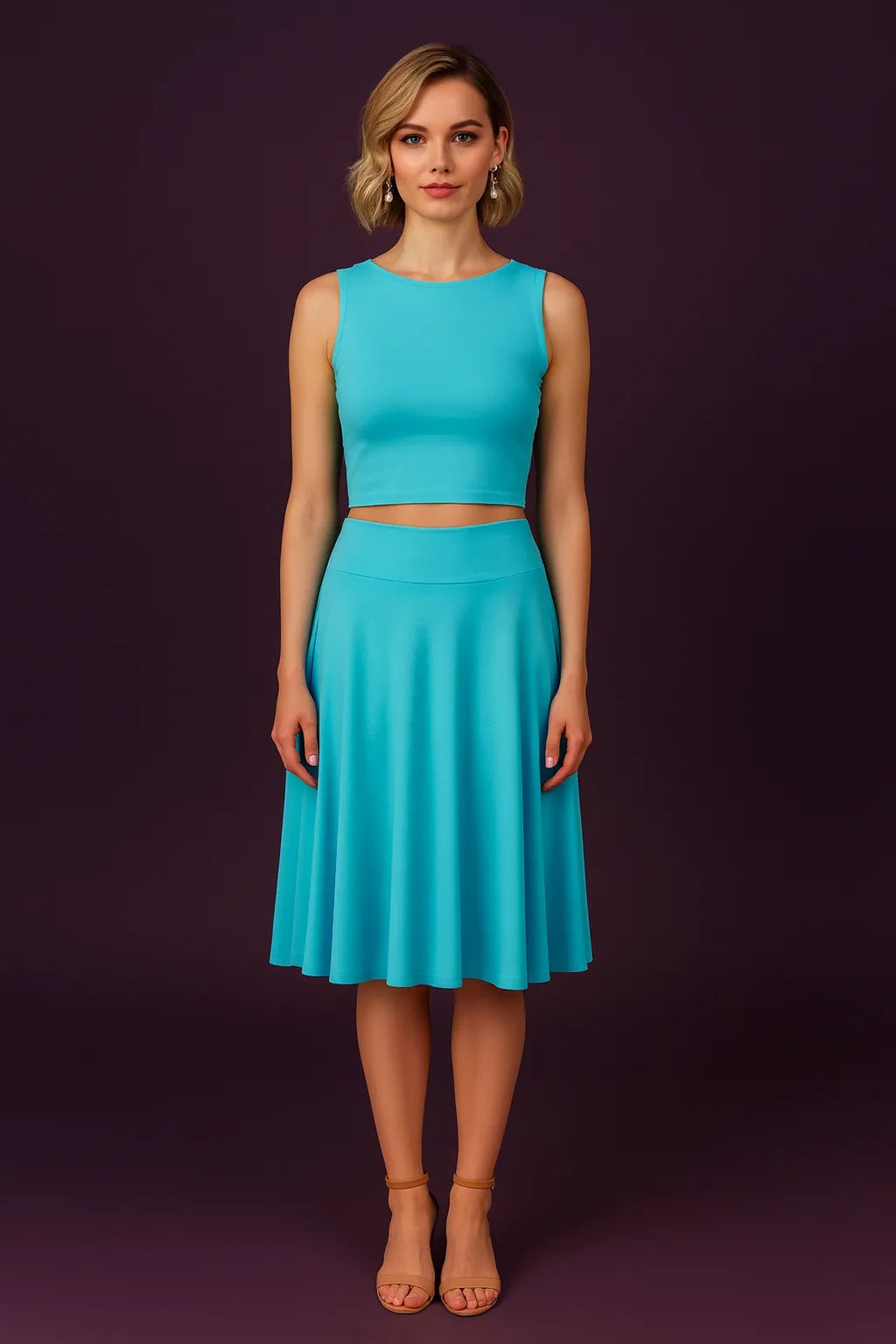 Woman wearing a turquoise tango skirt