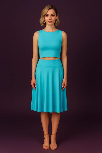 Woman wearing a turquoise tango skirt
