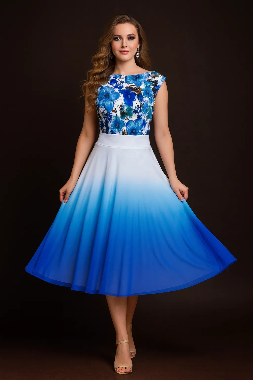 Woman wearing a white and blue tango skirt