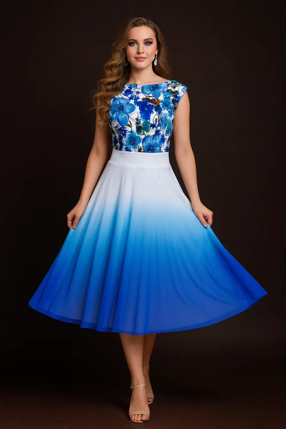 Woman wearing a white and blue tango skirt