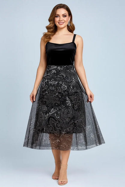 Woman wearing a black lace tango skirt