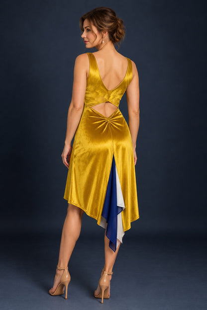 Gold velvet tango dress with open-back waist detail, gathered back and blue and white flowing panels, back view.