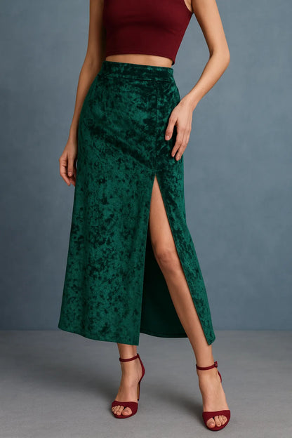 Woman wearing dark green velvet tango skirt with high waist