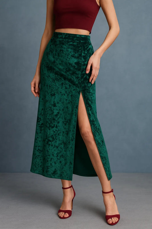 Woman wearing dark green velvet tango skirt with high waist