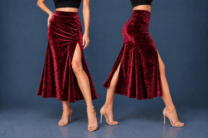 Women’s velvet tango skirt with a wide waistband, fitted silhouette, high front slit and center back slit, shown with a black crop top and tango heels.
