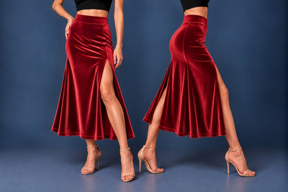 Women’s velvet tango skirt with a wide waistband, fitted silhouette, high front slit and center back slit, shown with a black crop top and tango heels.
