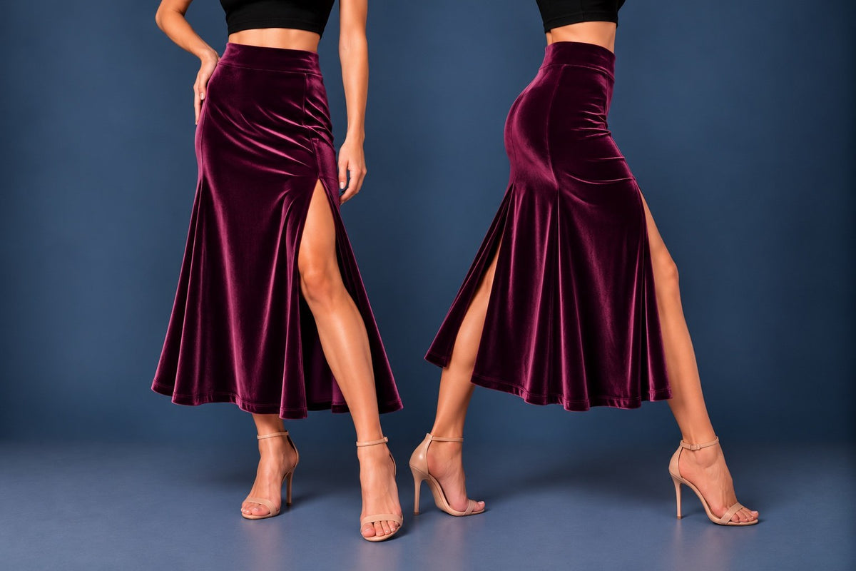 Women’s velvet tango skirt with a wide waistband, fitted silhouette, high front slit and center back slit, shown with a black crop top and tango heels.