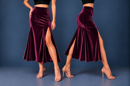 Women’s velvet tango skirt with a wide waistband, fitted silhouette, high front slit and center back slit, shown with a black crop top and tango heels.