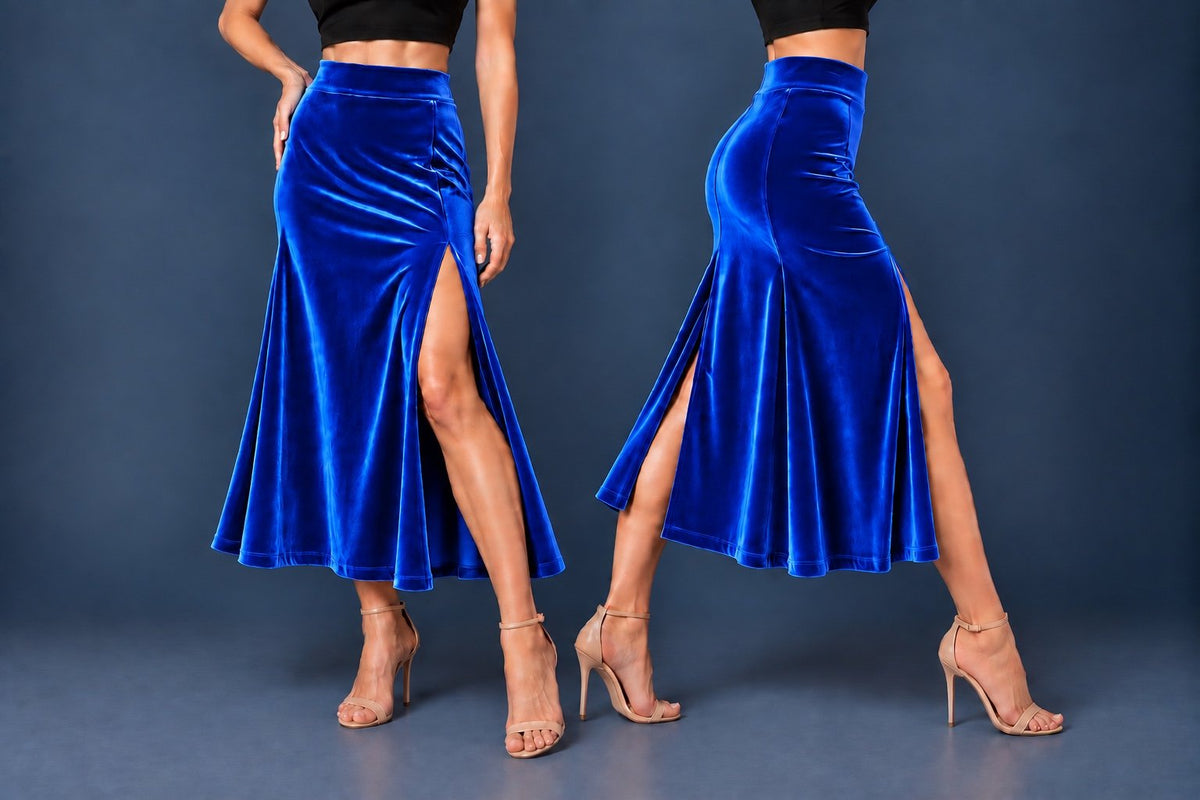 Women’s velvet tango skirt with a wide waistband, fitted silhouette, high front slit and center back slit, shown with a black crop top and tango heels.
