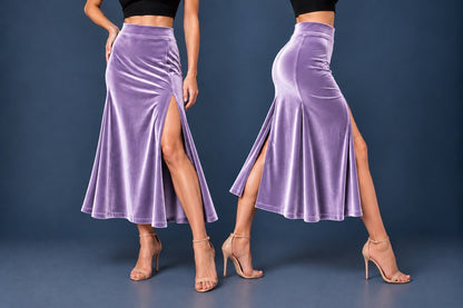 Women’s velvet tango skirt with a wide waistband, fitted silhouette, high front slit and center back slit, shown with a black crop top and tango heels.
