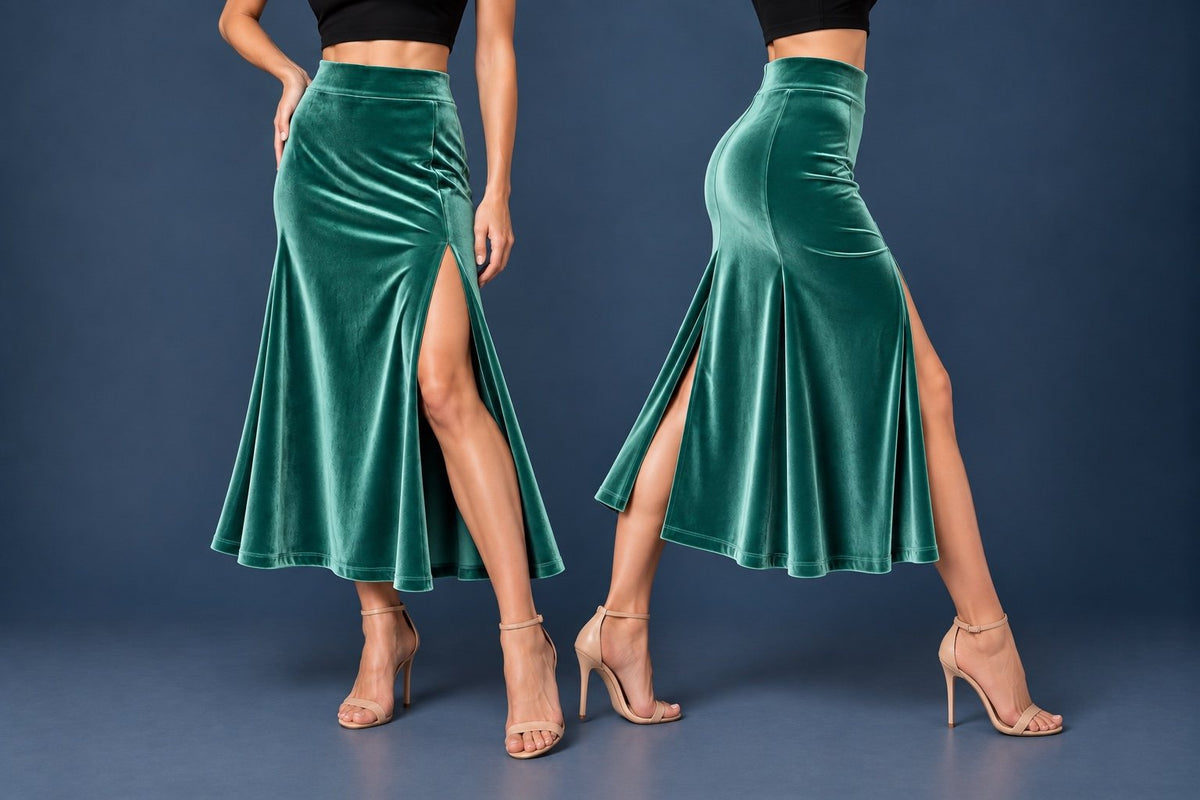 Women’s velvet tango skirt with a wide waistband, fitted silhouette, high front slit and center back slit, shown with a black crop top and tango heels.