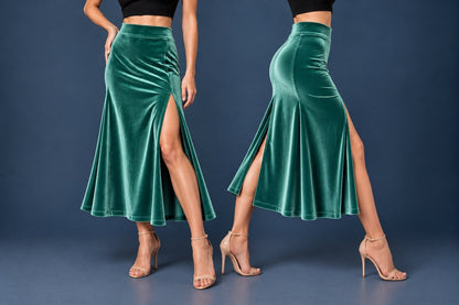 Women’s velvet tango skirt with a wide waistband, fitted silhouette, high front slit and center back slit, shown with a black crop top and tango heels.