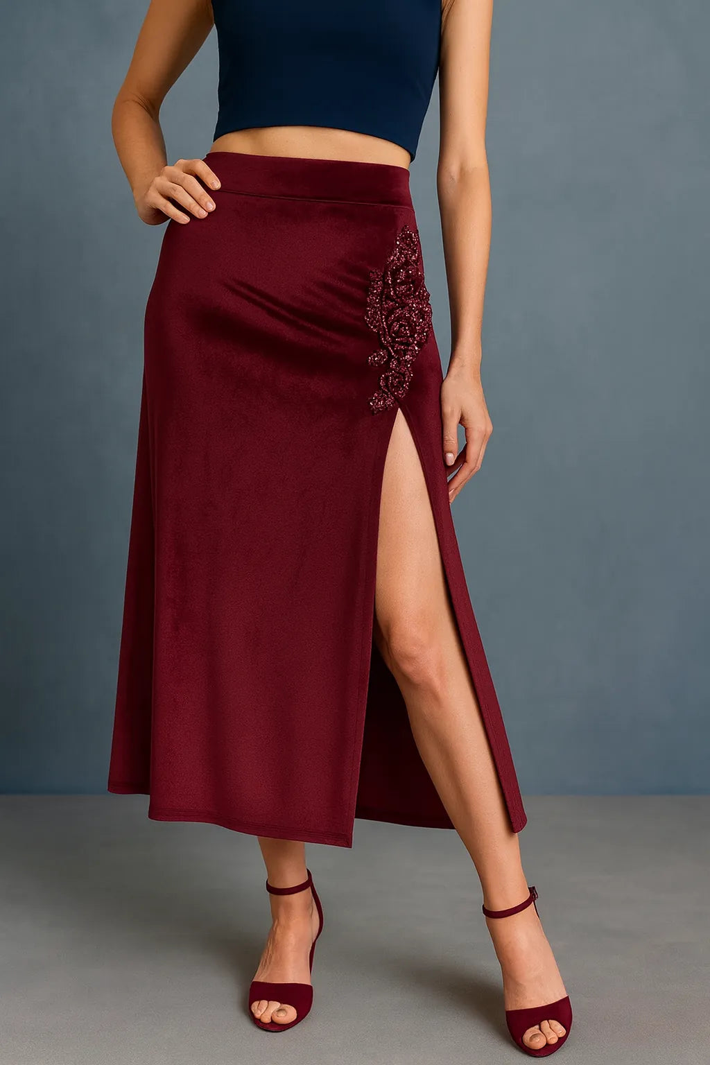Velvet burgundy tango skirt with embellishments