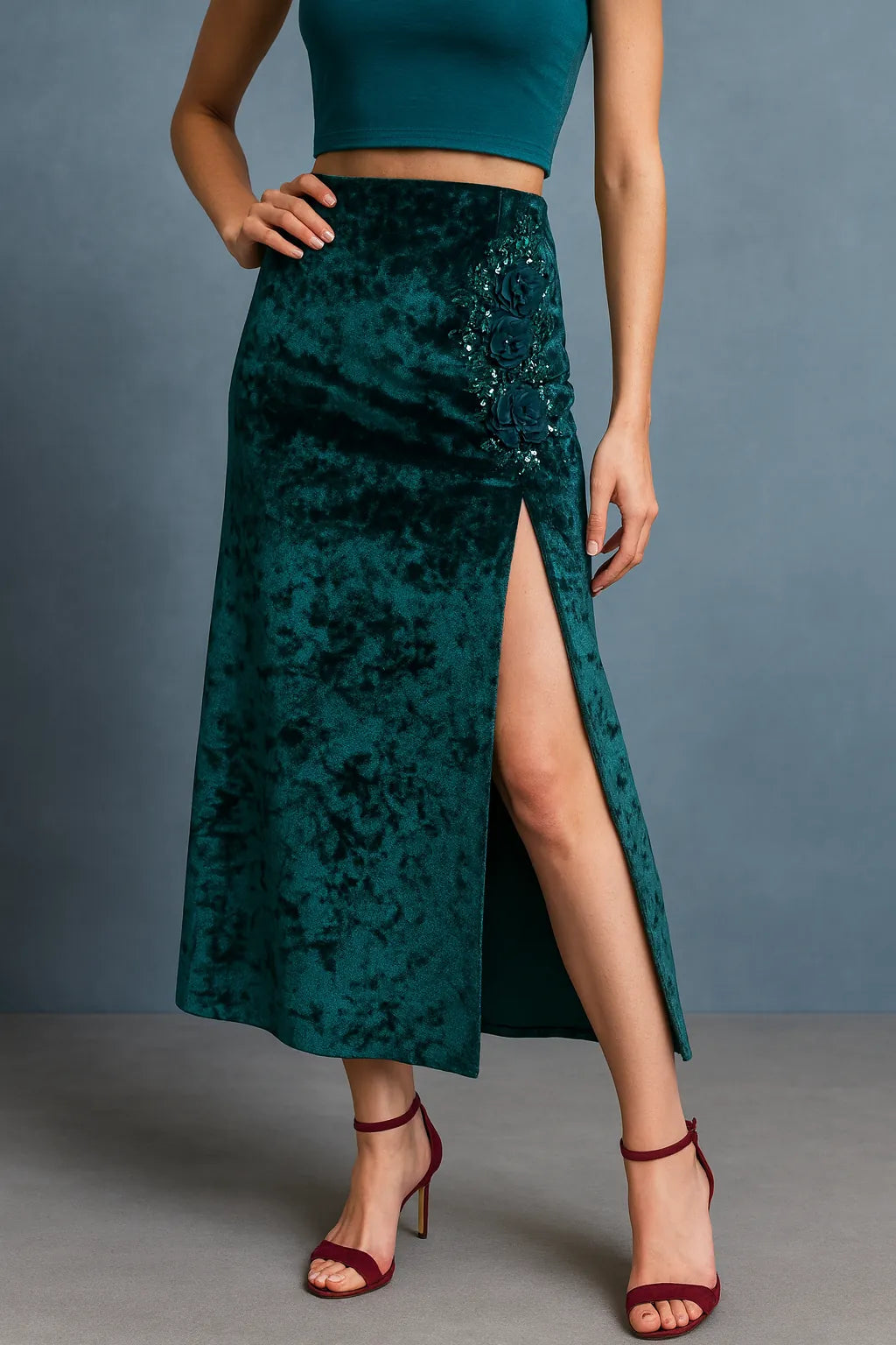 Woman wearing a green velvet tango skirt with a high slit on a gray background