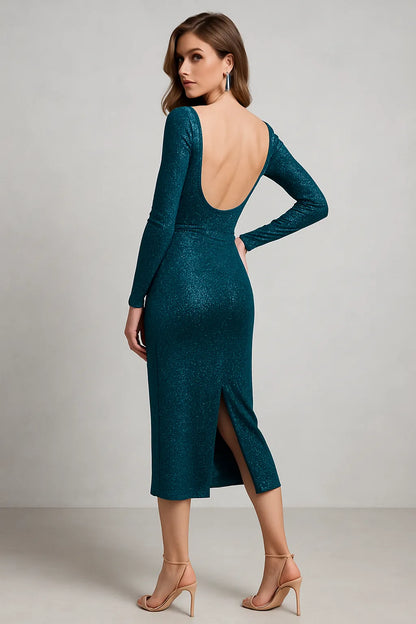 Teal tango dress with open back and long sleeves on a plain background
