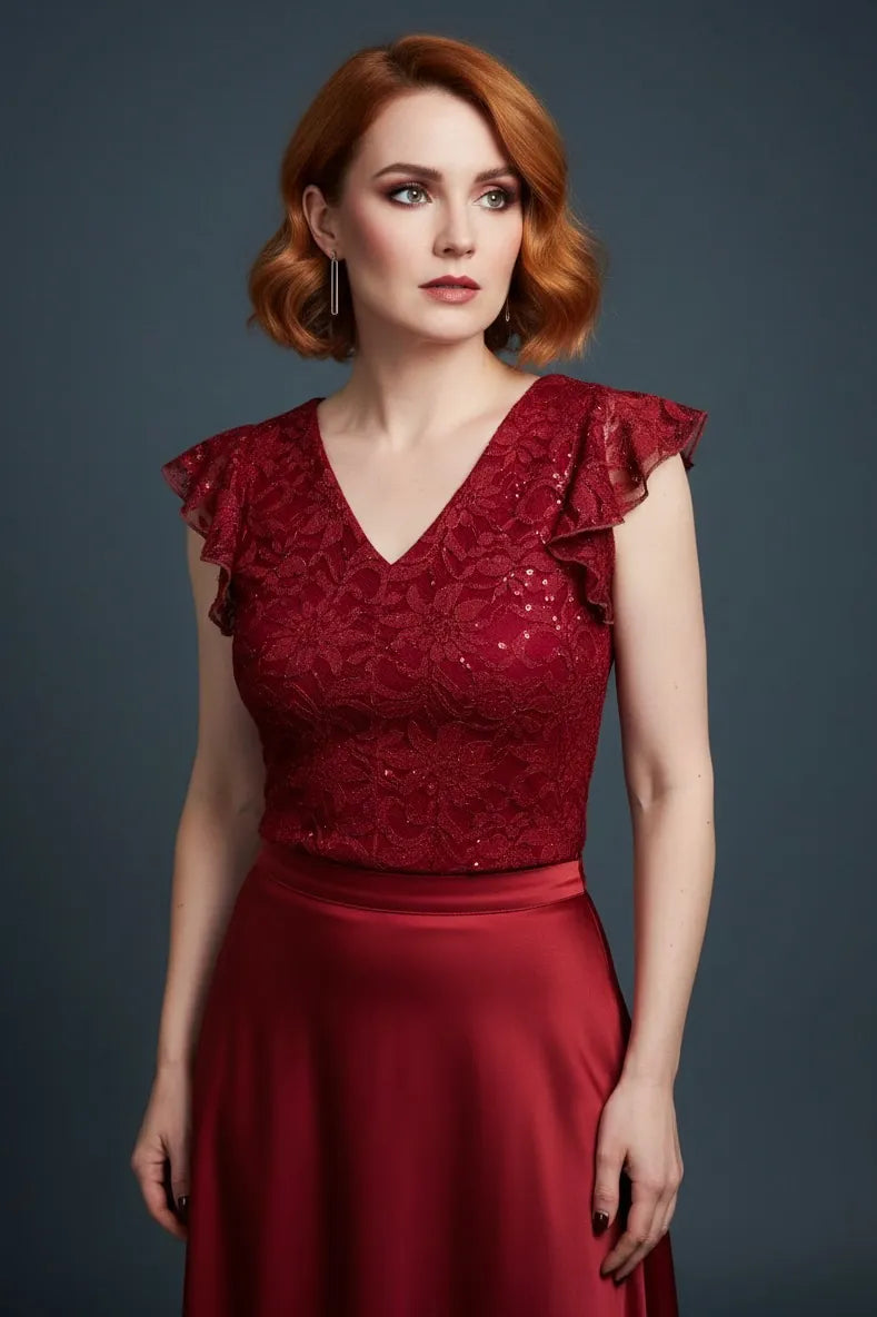 Woman wearing a burgundy lace tango top against a grey background, front view.