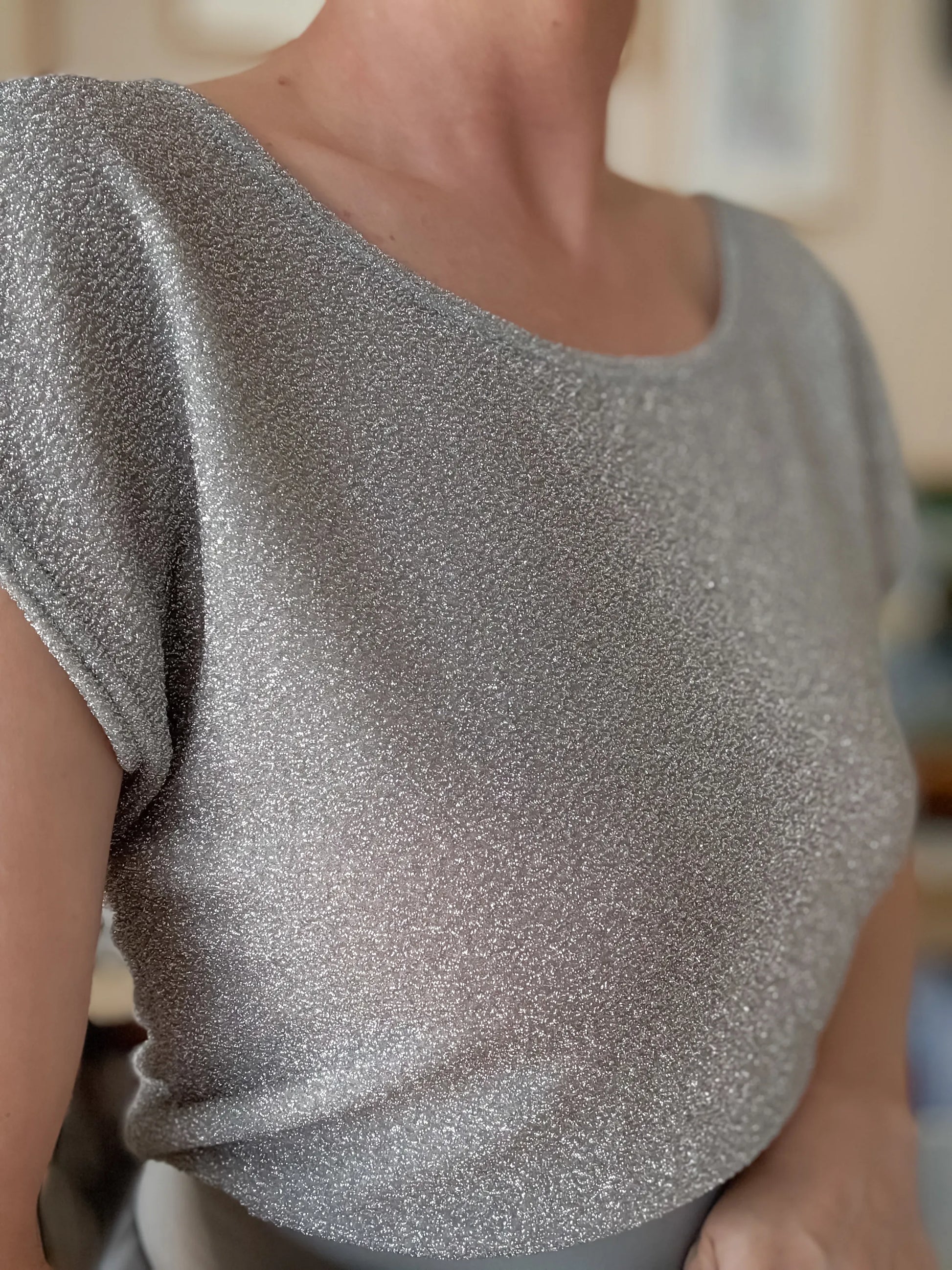 Close-up of a woman wearing a silver shimmer tango top with a blurred background, front view