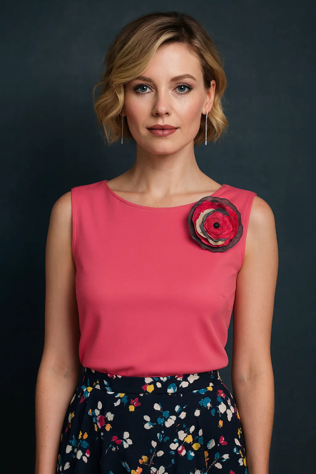 Woman wearing a pink tango top with a floral brooch against a dark background, front view
