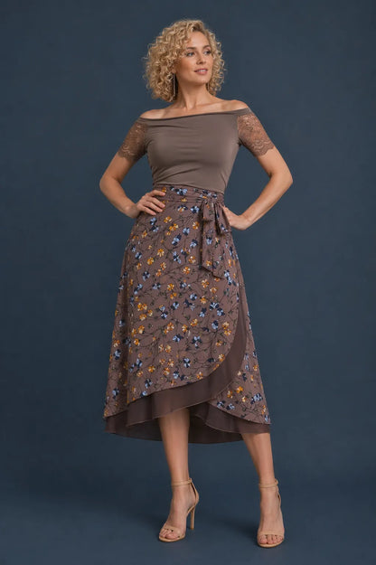 Brown Floral Two-Layer Wrap Tango Skirt