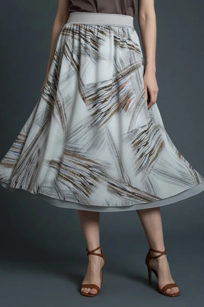 Woman wearing a patterned flowing tango skirt