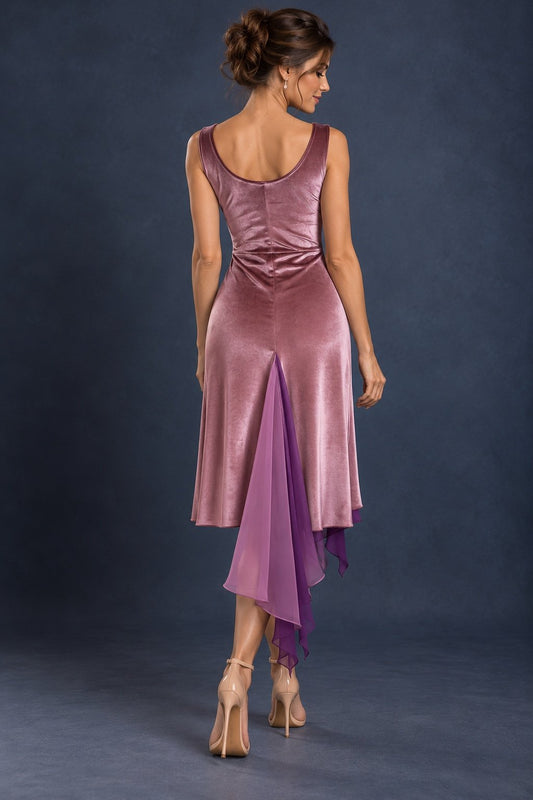 Back view of a dusty rose satin velvet tango dress with a back slit and layered chiffon godets, designed for elegant movement in Argentine tango.
