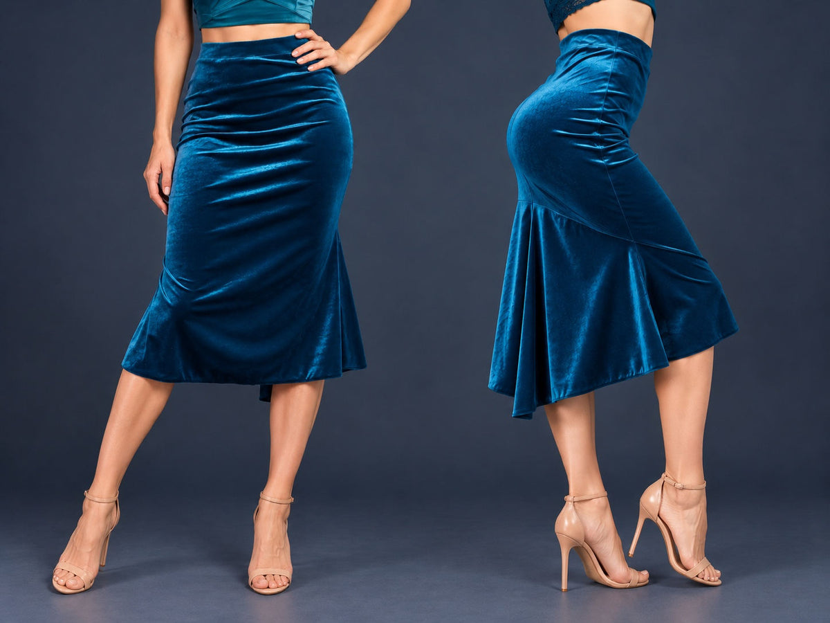 Women’s velvet tango skirt with a fitted silhouette, wide waistband and flowing asymmetric tail at the back, shown from front and side views.