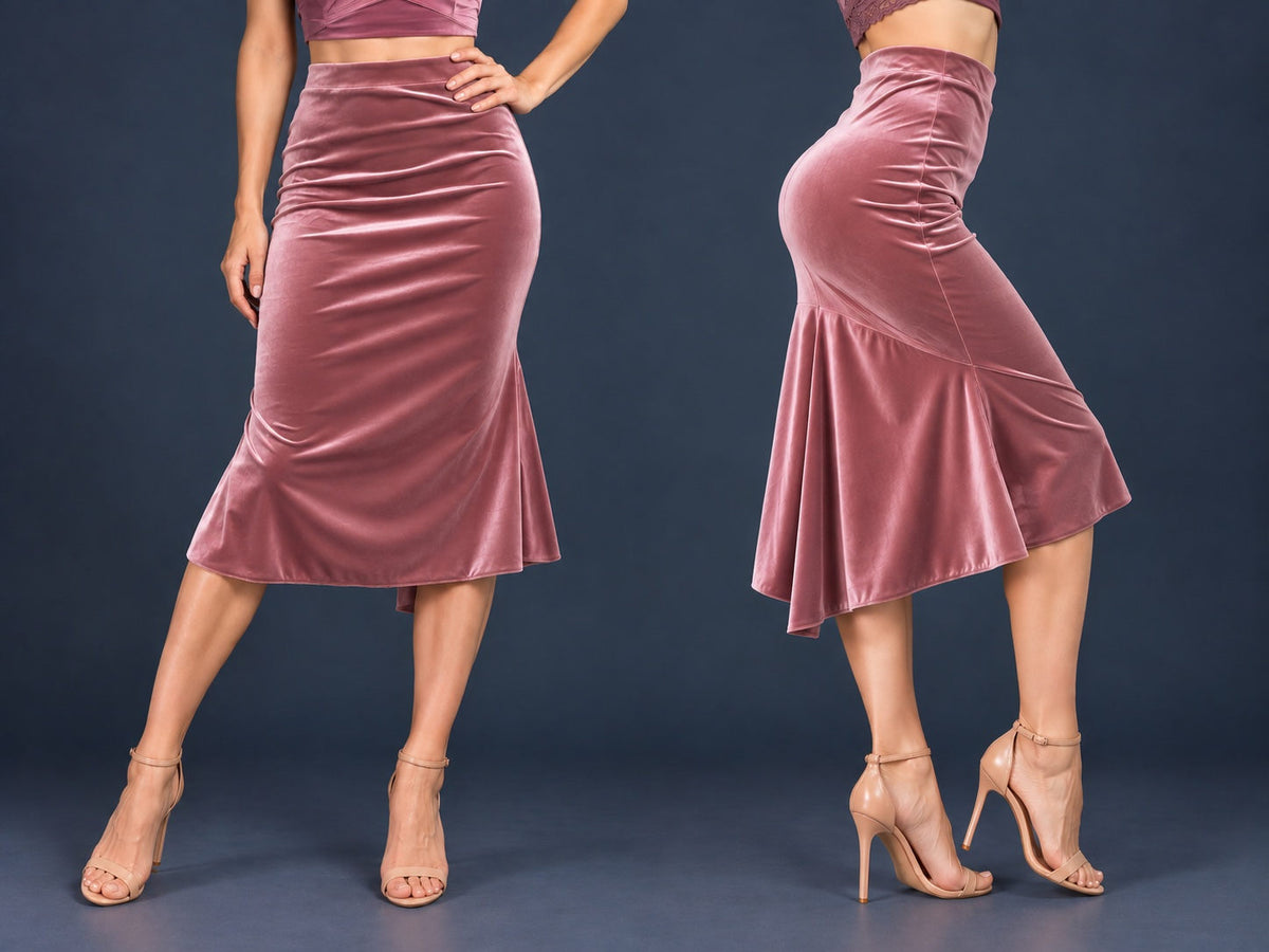 Women’s velvet tango skirt with a fitted silhouette, wide waistband and flowing asymmetric tail at the back, shown from front and side views.
