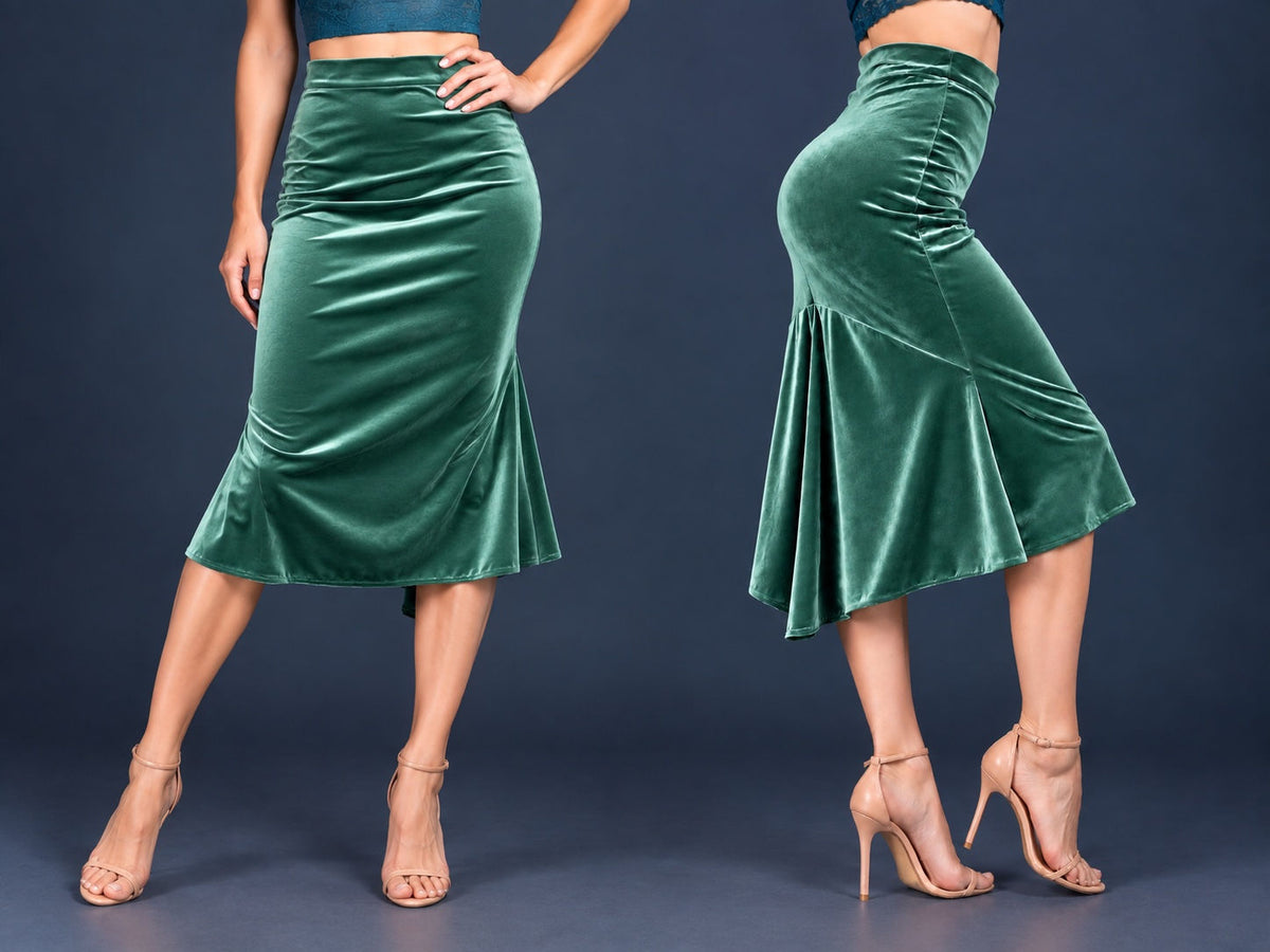 Women’s velvet tango skirt with a fitted silhouette, wide waistband and flowing asymmetric tail at the back, shown from front and side views.