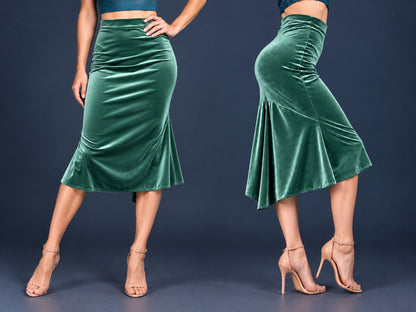 Women’s velvet tango skirt with a fitted silhouette, wide waistband and flowing asymmetric tail at the back, shown from front and side views.
