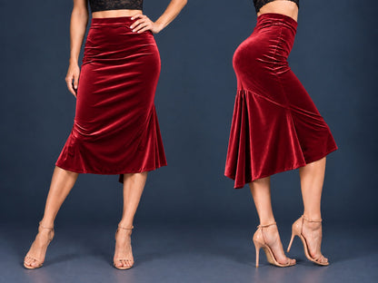 Women’s velvet tango skirt with a fitted silhouette, wide waistband and flowing asymmetric tail at the back, shown from front and side views.