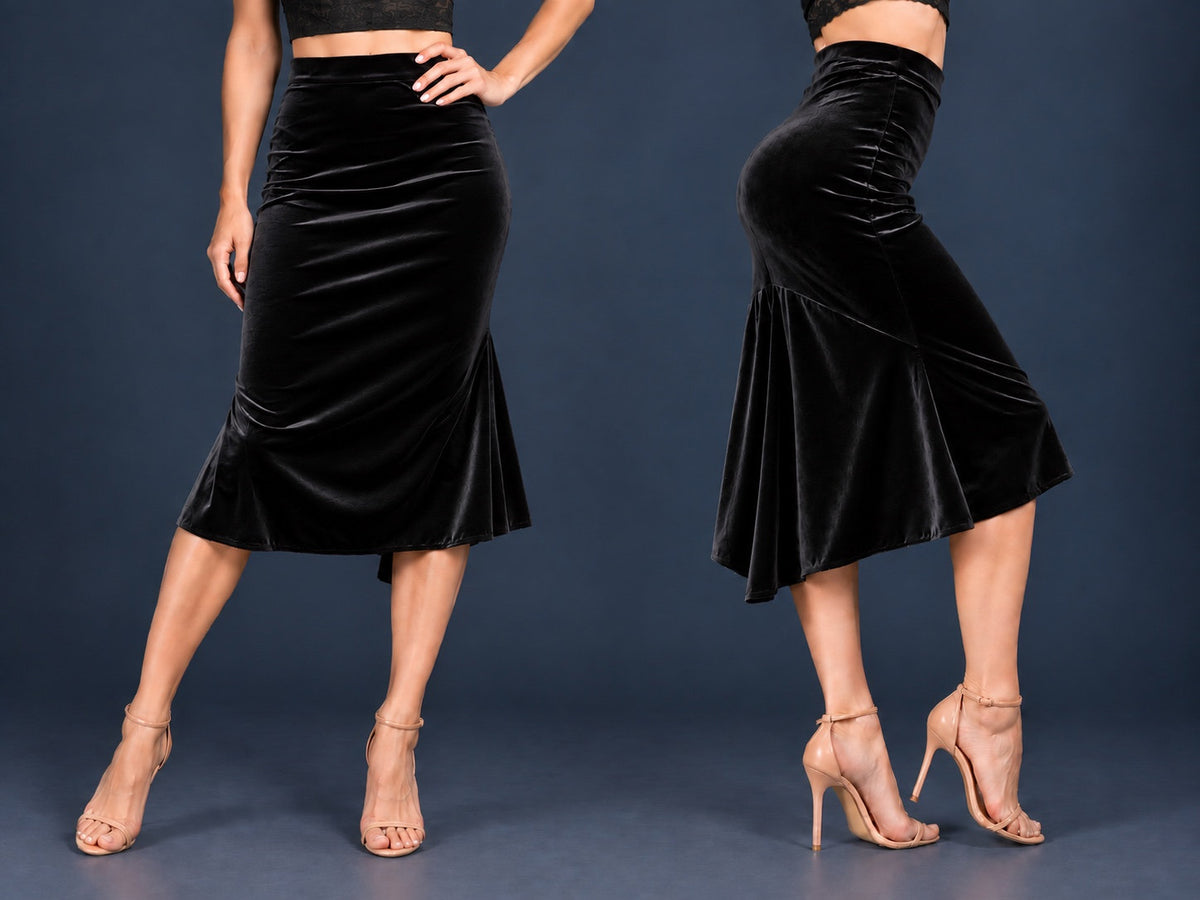 Women’s velvet tango skirt with a fitted silhouette, wide waistband and flowing asymmetric tail at the back, shown from front and side views.