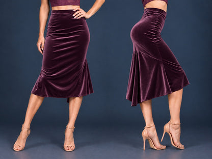 Women’s velvet tango skirt with a fitted silhouette, wide waistband and flowing asymmetric tail at the back, shown from front and side views.