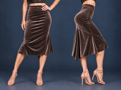 Women’s velvet tango skirt with a fitted silhouette, wide waistband and flowing asymmetric tail at the back, shown from front and side views.