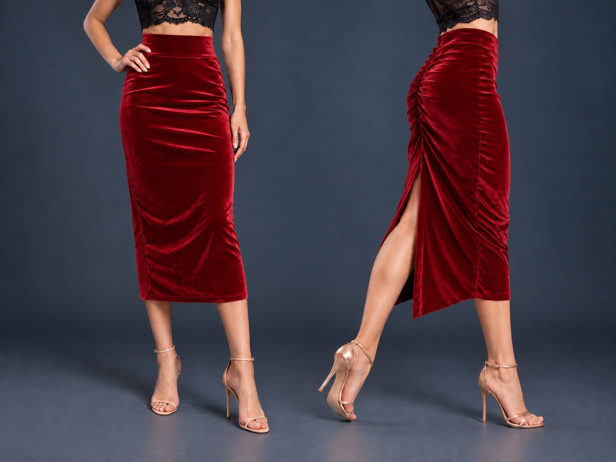 Women’s black velvet tango skirt with a fitted midi silhouette, wide waistband, gathered back, back slit and distinctive swallowtail hem, shown from front and side views.