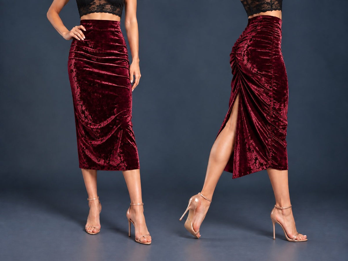 Women’s crushed velvet tango skirt with a fitted silhouette, wide waistband, gathered back, back slit and distinctive swallowtail hem, shown from front and side views.