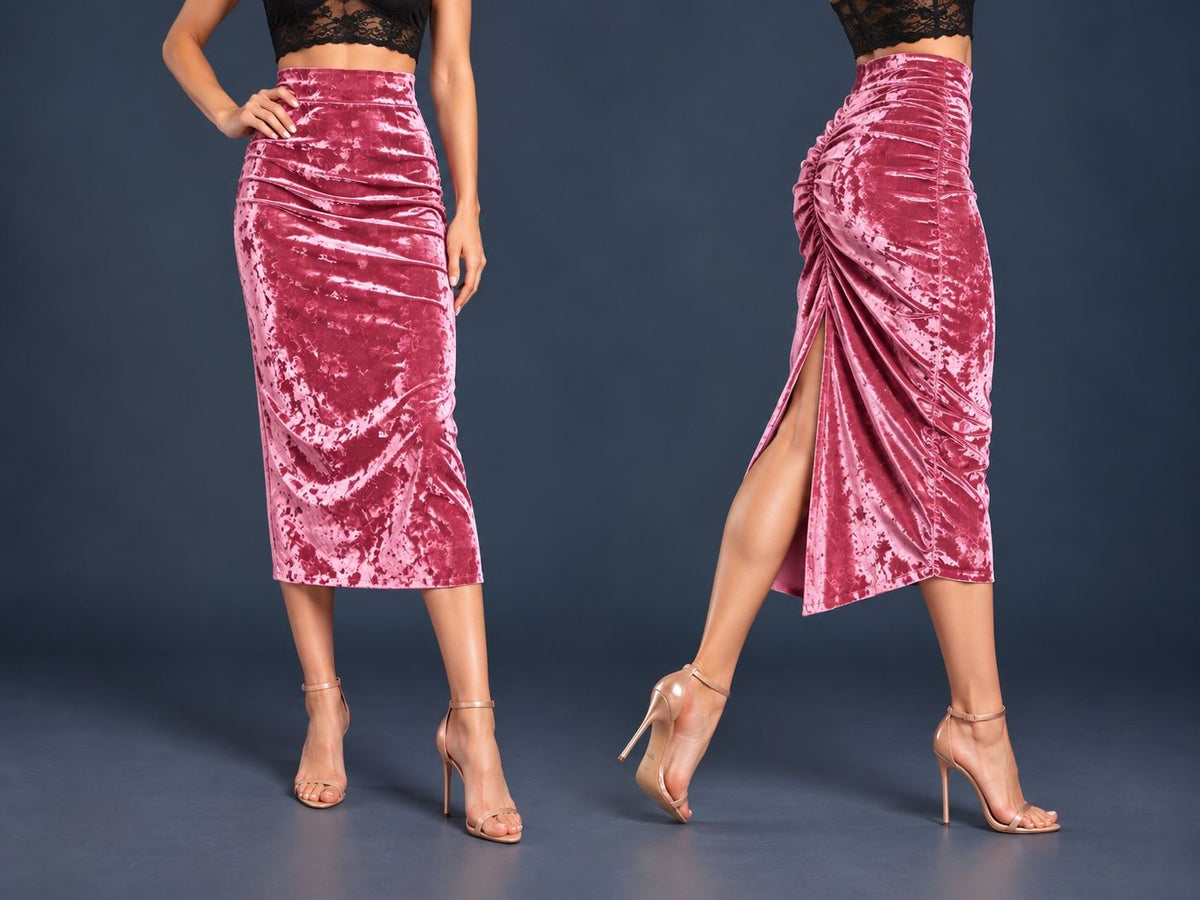 Women’s crushed velvet tango skirt with a fitted silhouette, wide waistband, gathered back, back slit and distinctive swallowtail hem, shown from front and side views.
