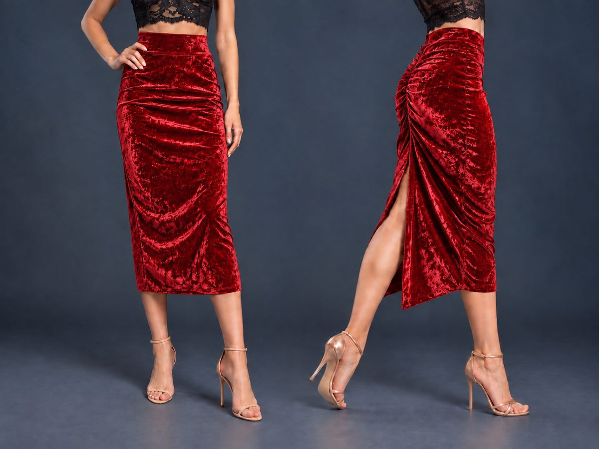 Women’s crushed velvet tango skirt with a fitted silhouette, wide waistband, gathered back, back slit and distinctive swallowtail hem, shown from front and side views.