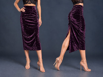 Women’s crushed velvet tango skirt with a fitted silhouette, wide waistband, gathered back, back slit and distinctive swallowtail hem, shown from front and side views.