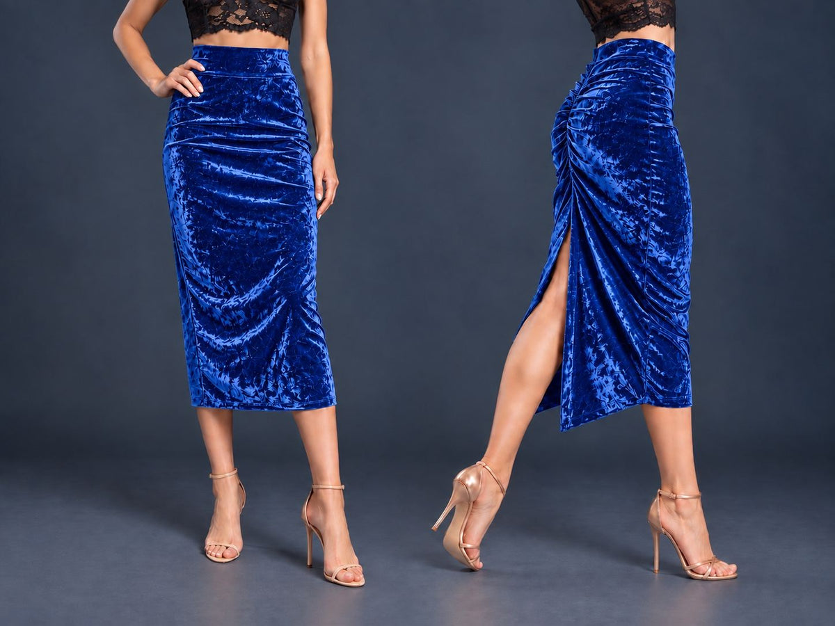 Women’s crushed velvet tango skirt with a fitted silhouette, wide waistband, gathered back, back slit and distinctive swallowtail hem, shown from front and side views.