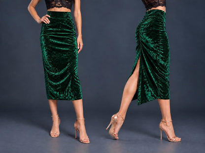Women’s crushed velvet tango skirt with a fitted silhouette, wide waistband, gathered back, back slit and distinctive swallowtail hem, shown from front and side views.