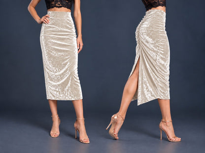 Women’s crushed velvet tango skirt with a fitted silhouette, wide waistband, gathered back, back slit and distinctive swallowtail hem, shown from front and side views.