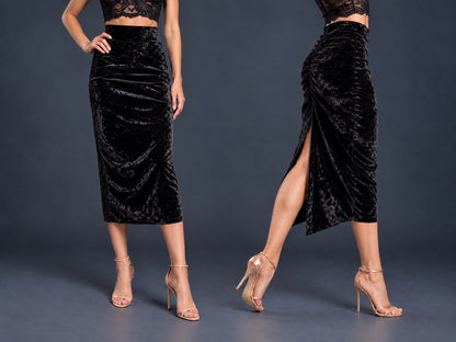 Women’s crushed velvet tango skirt with a fitted silhouette, wide waistband, gathered back, back slit and distinctive swallowtail hem, shown from front and side views.