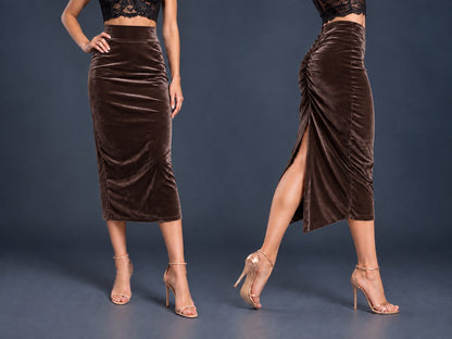 Women’s black velvet tango skirt with a fitted midi silhouette, wide waistband, gathered back, back slit and distinctive swallowtail hem, shown from front and side views.