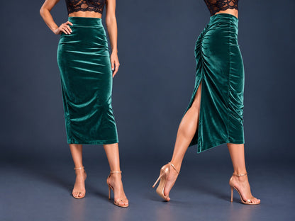 Women’s black velvet tango skirt with a fitted midi silhouette, wide waistband, gathered back, back slit and distinctive swallowtail hem, shown from front and side views.