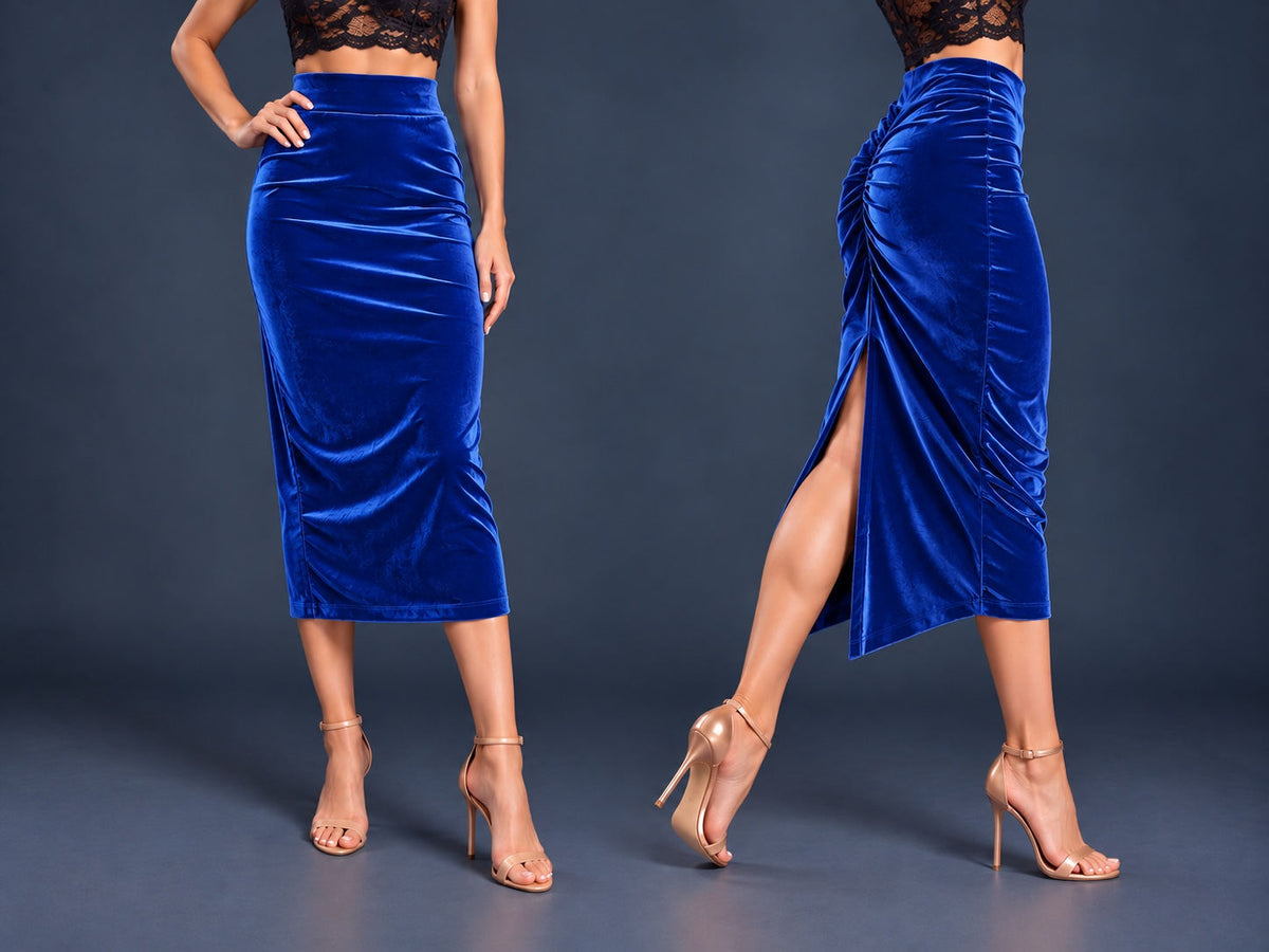 Women’s black velvet tango skirt with a fitted midi silhouette, wide waistband, gathered back, back slit and distinctive swallowtail hem, shown from front and side views.