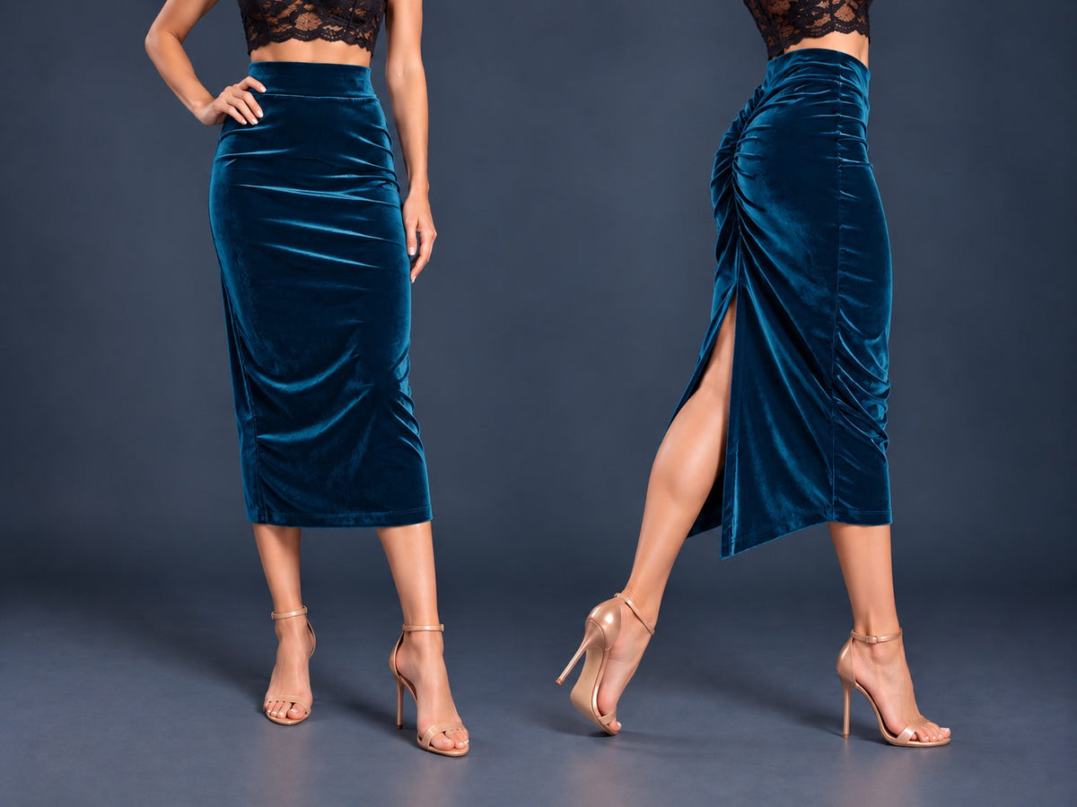 Women’s black velvet tango skirt with a fitted midi silhouette, wide waistband, gathered back, back slit and distinctive swallowtail hem, shown from front and side views.