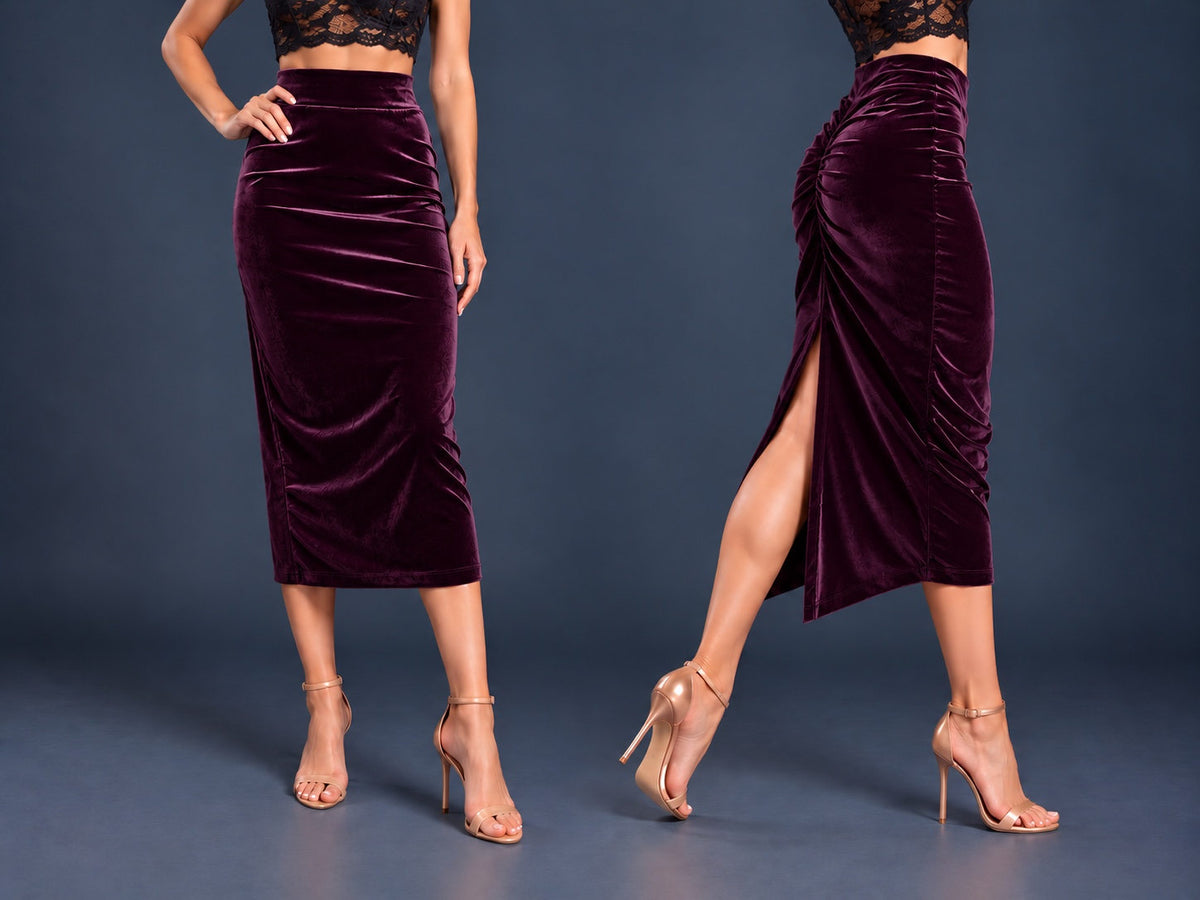 Women’s black velvet tango skirt with a fitted midi silhouette, wide waistband, gathered back, back slit and distinctive swallowtail hem, shown from front and side views.