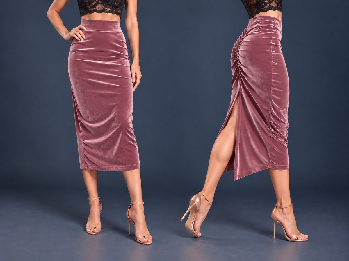 Women’s black velvet tango skirt with a fitted midi silhouette, wide waistband, gathered back, back slit and distinctive swallowtail hem, shown from front and side views.